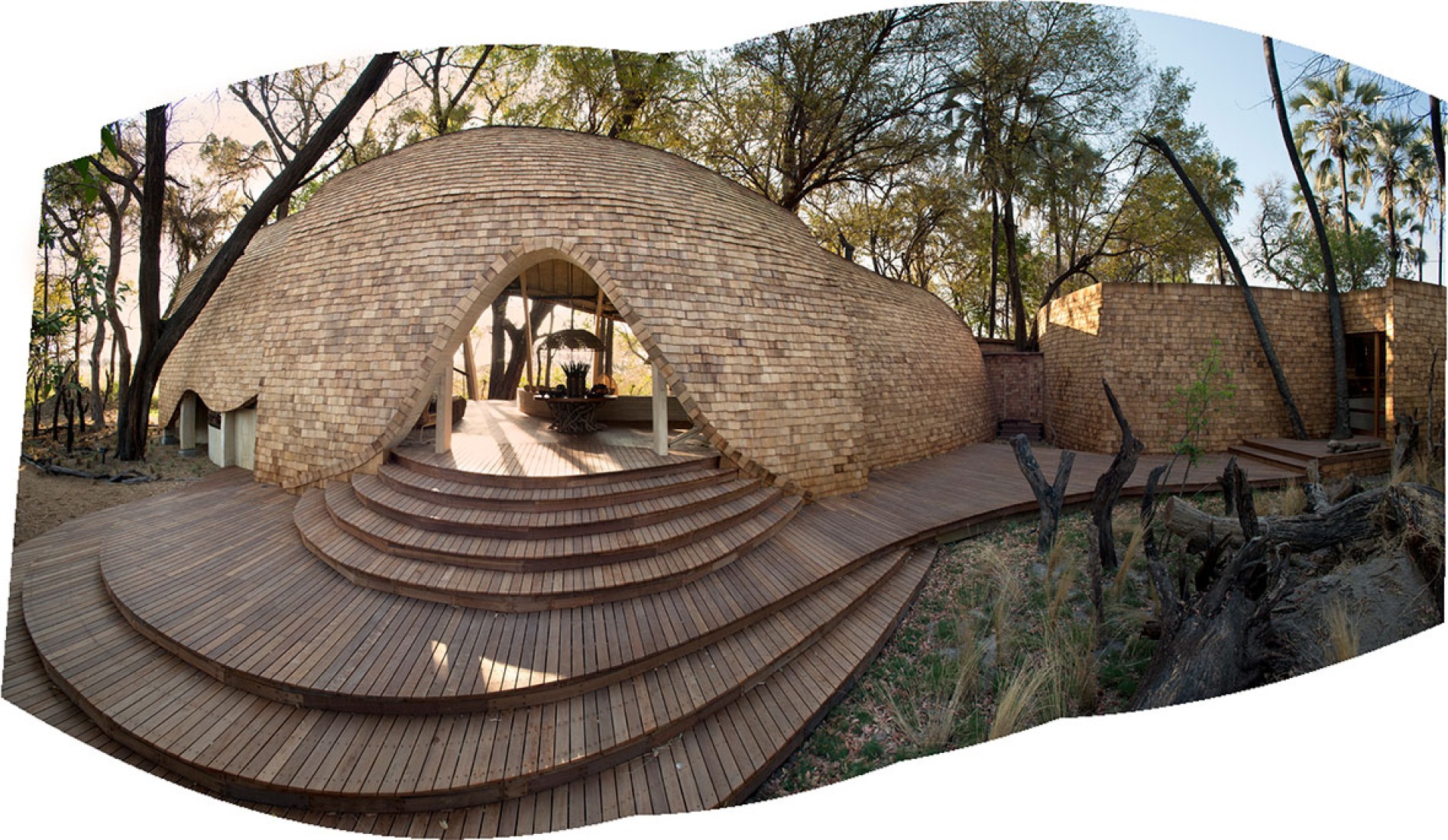View of the lodge of the Sandibe Okavango Safari in Botswana, by Nicholas Plewman Architects and Michaelis Boyd Architects. Photography © Dook.