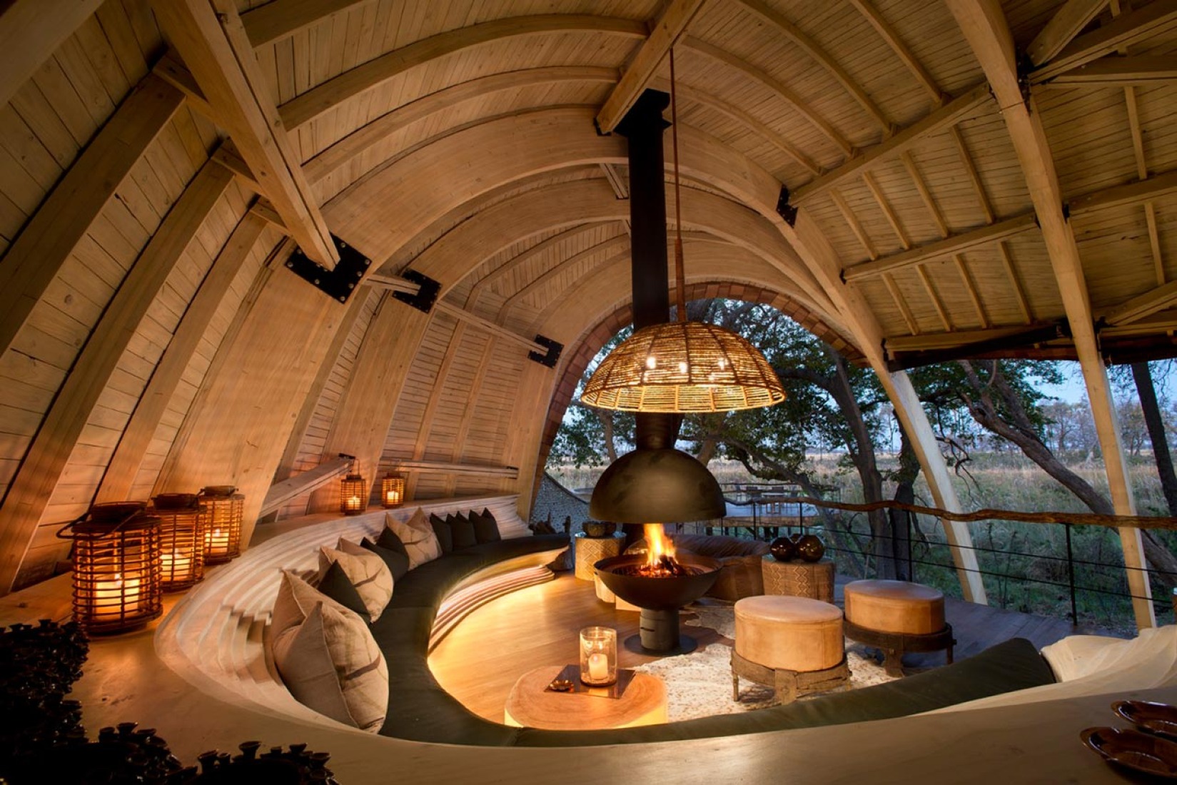 View of the lodge of the Sandibe Okavango Safari in Botswana, by Nicholas Plewman Architects and Michaelis Boyd Architects. Photography © Dook.