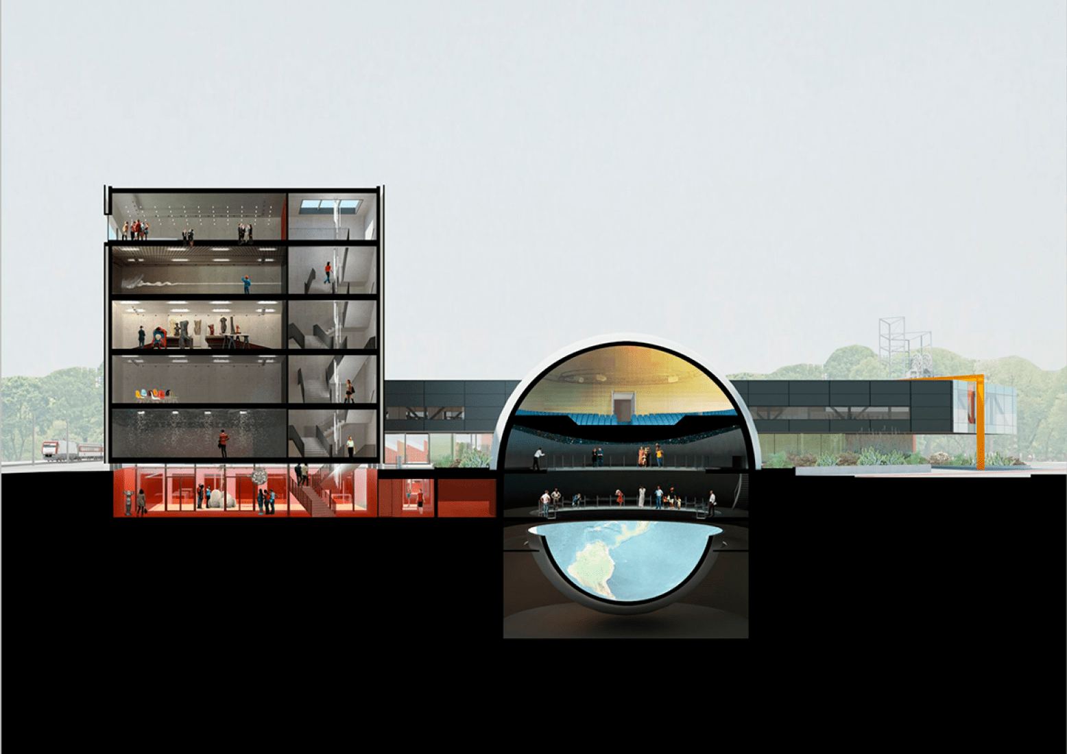 Sección a través de Cube y Columbus. Museumplein Limburg por Shift architecture urbanism.