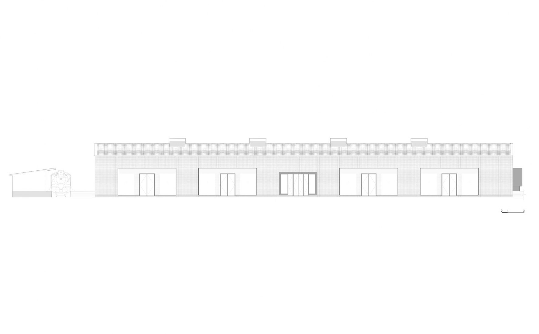 Edificio 1, alzado este. Parque Cultural y Creativo Red Plum por AAarchitects & IIA Atelier. Fotografía por LOTAN Architectural.