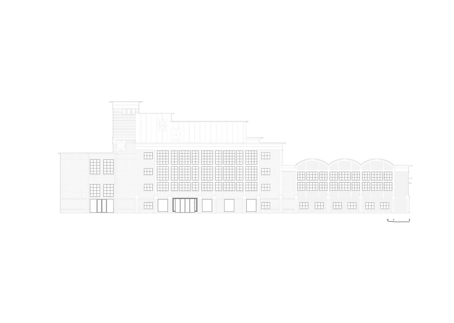 Edificio 16, alzado norte. Parque Cultural y Creativo Red Plum por AAarchitects & IIA Atelier. Fotografía por LOTAN Architectural.