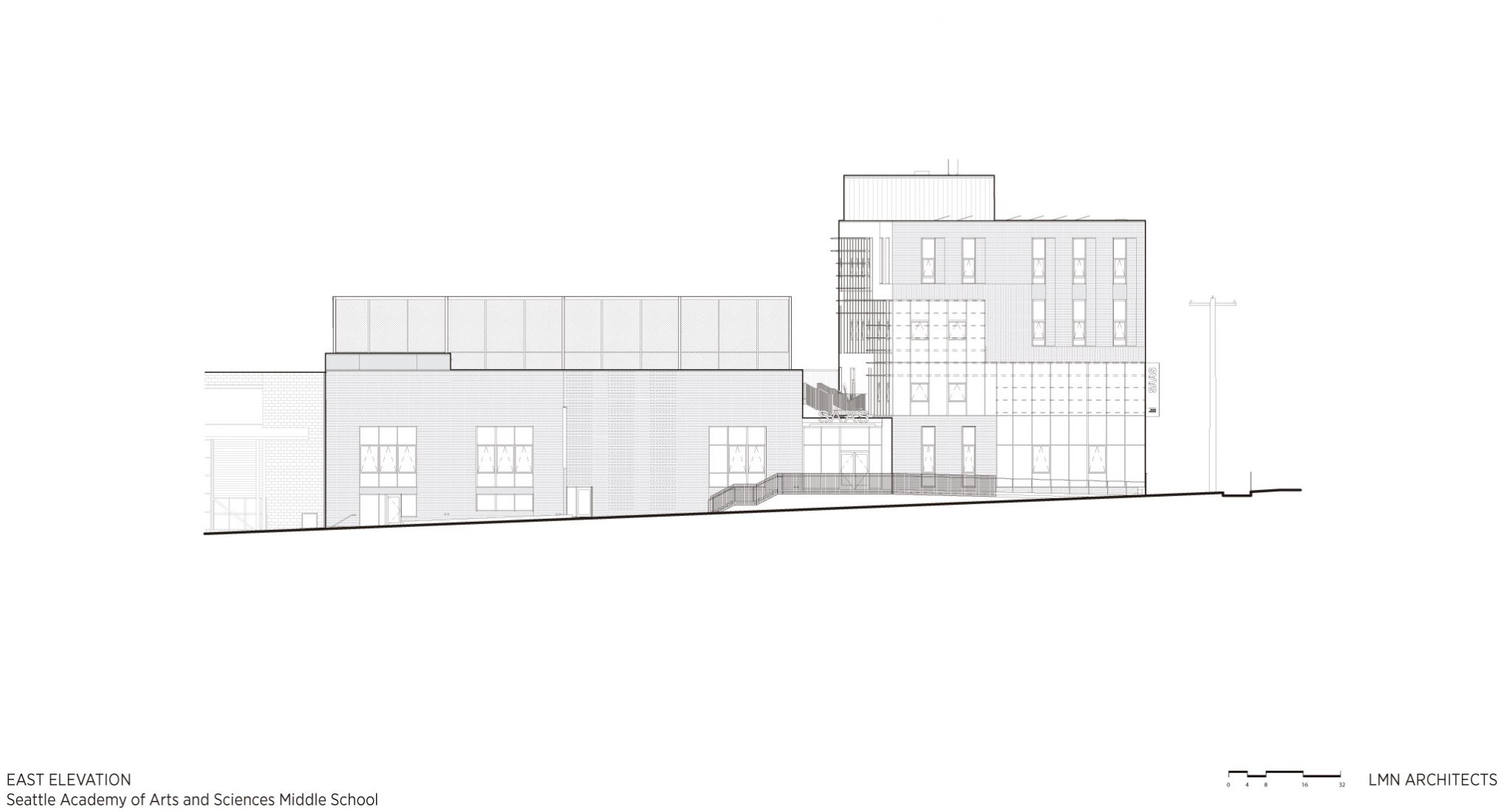 East elevation. Seattle Academy of Arts and Sciences Middle School by LMN architects.