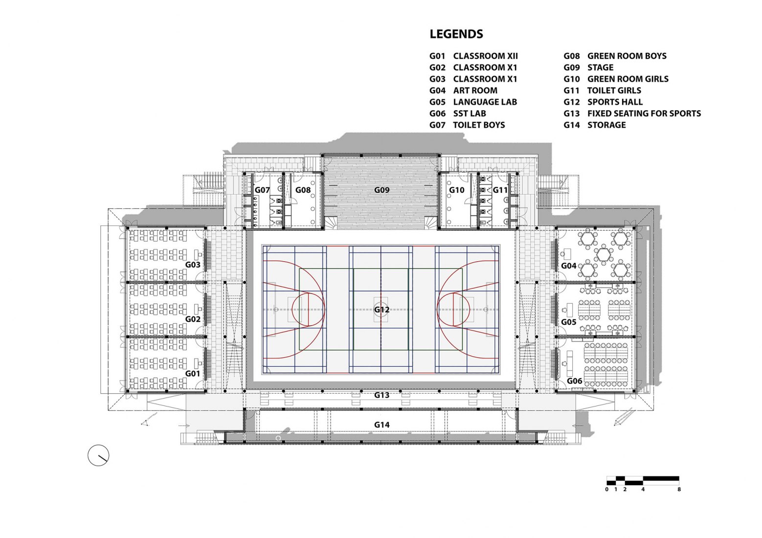 Plano de planta baja. Centro de Actividades de la Academia Taksila por SGA-Studio.