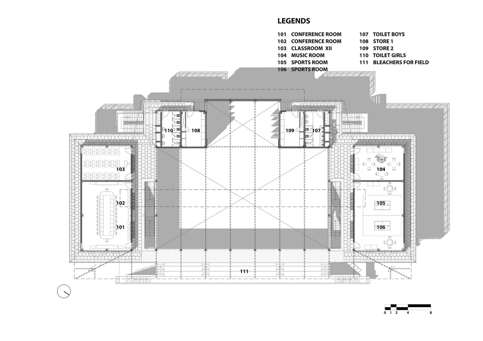 Plano de planta primera. Centro de Actividades de la Academia Taksila por SGA-Studio.