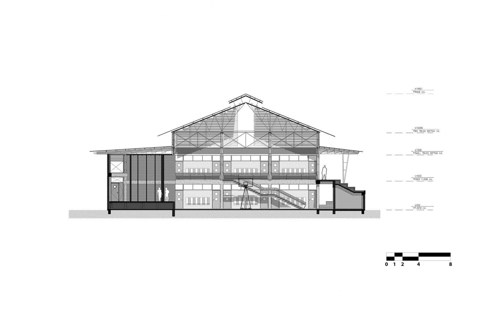 Plano sección. Centro de Actividades de la Academia Taksila por SGA-Studio.