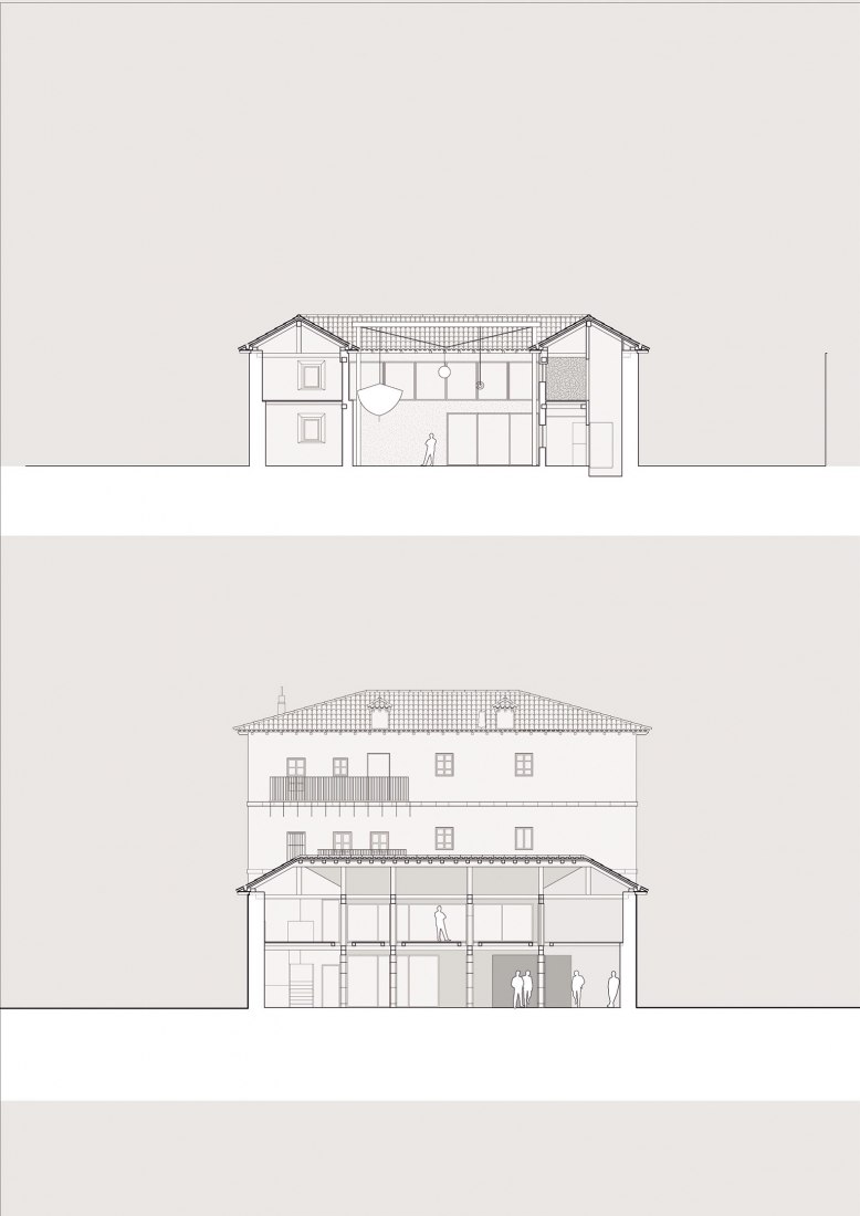 Longitudinal sections. Rehabilitation of the Lonja de Limpias as a Center for Environmental and Social Education by AGi architets and CSD3 arquitectos
