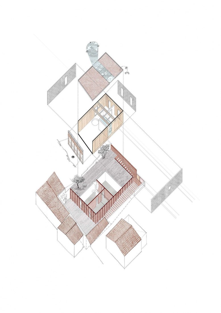Axonometry. House on a brick base by Ágora arquitectura.