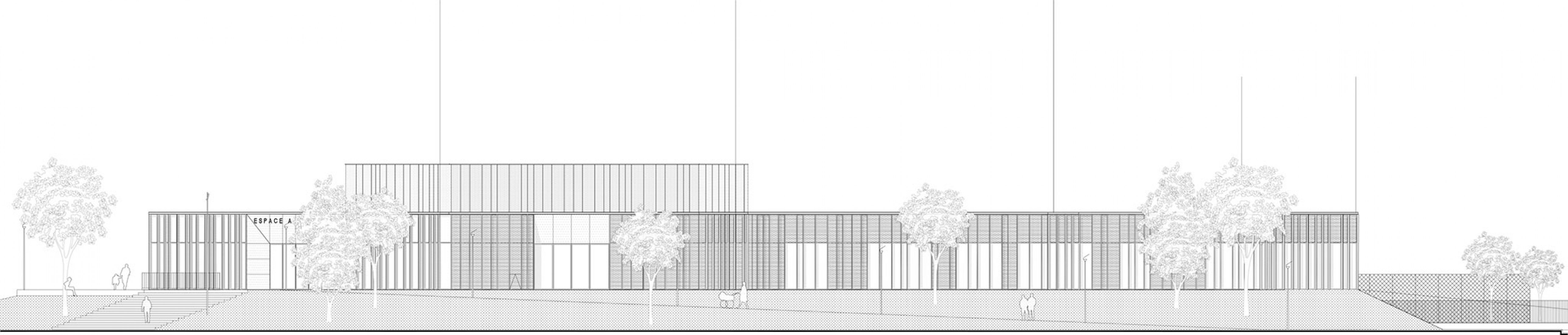Alzado. Renovación del Centro Comunitario Albert Schweitzer por MOA. Cortesía de MOA.