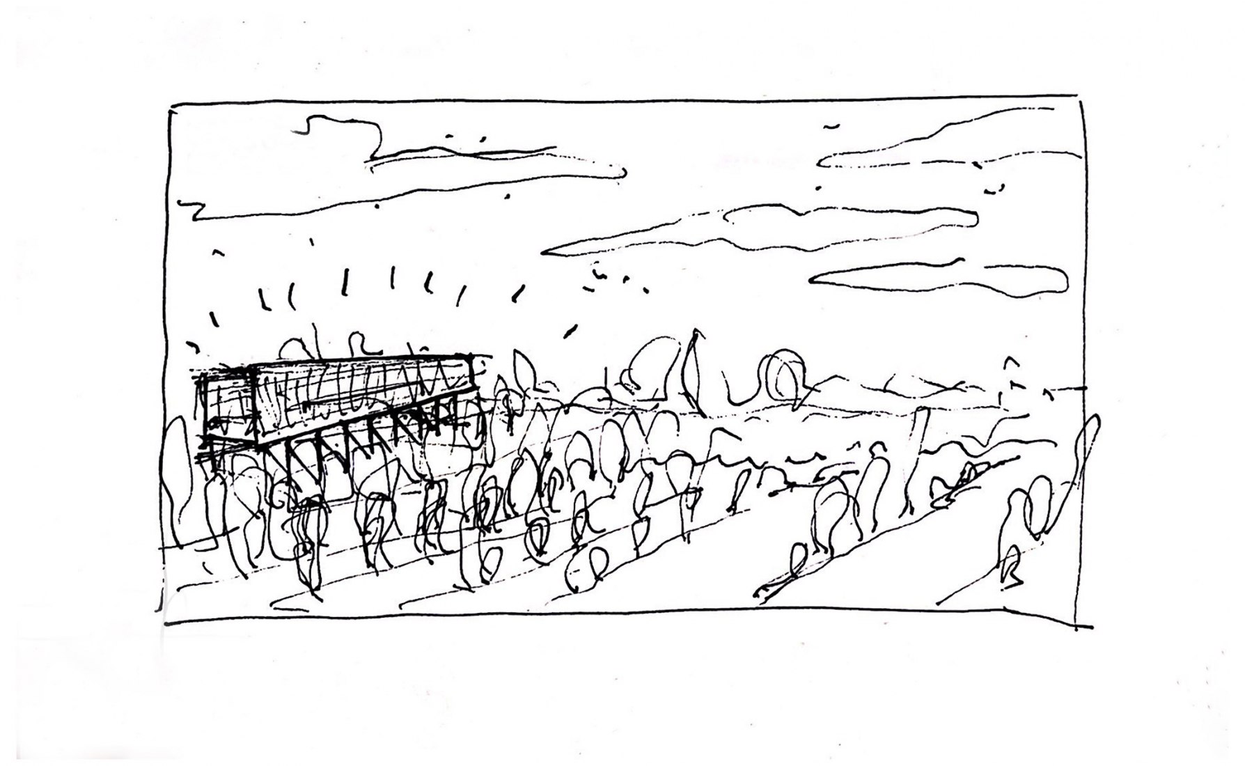 Croquis. Sección constructiva. Una mesa elevada en el paisaje por J-AF Architecture + Gonzalez Serrano Studio+.