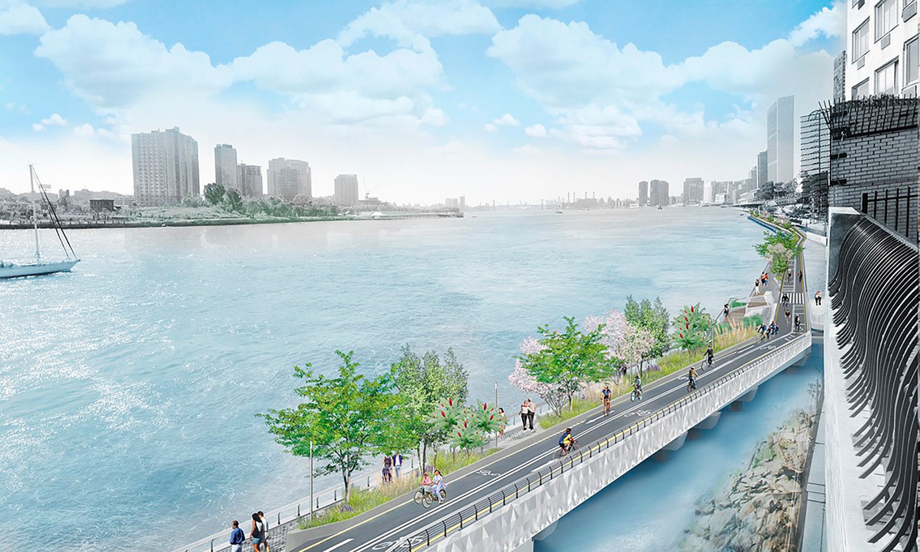 Visualización del proyecto para reducir la distancia entre la calle 41 y la 61 del nuevo corredor verde alrededor de la isla de Manhattan. Imagen cortesía de NYC Economic Development Corporation