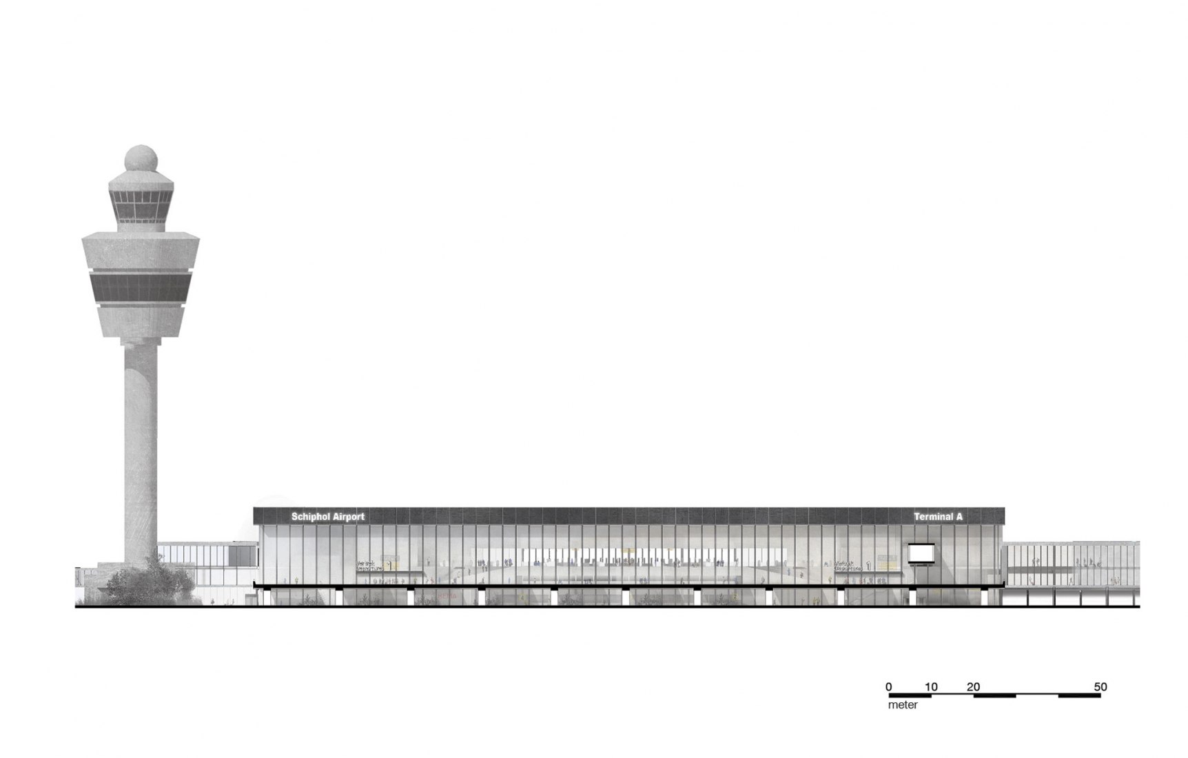 Aeropuerto de Amsterdam. Alzado de la terminal de Schiphol Noroeste El dibujo del alzado del noroeste del nuevo aeropuerto de Amsterdam Terminal de Schiphol que representa la entrada a la zona de las salidas en el primer piso (el nivel del paso elevado de la carretera existente).