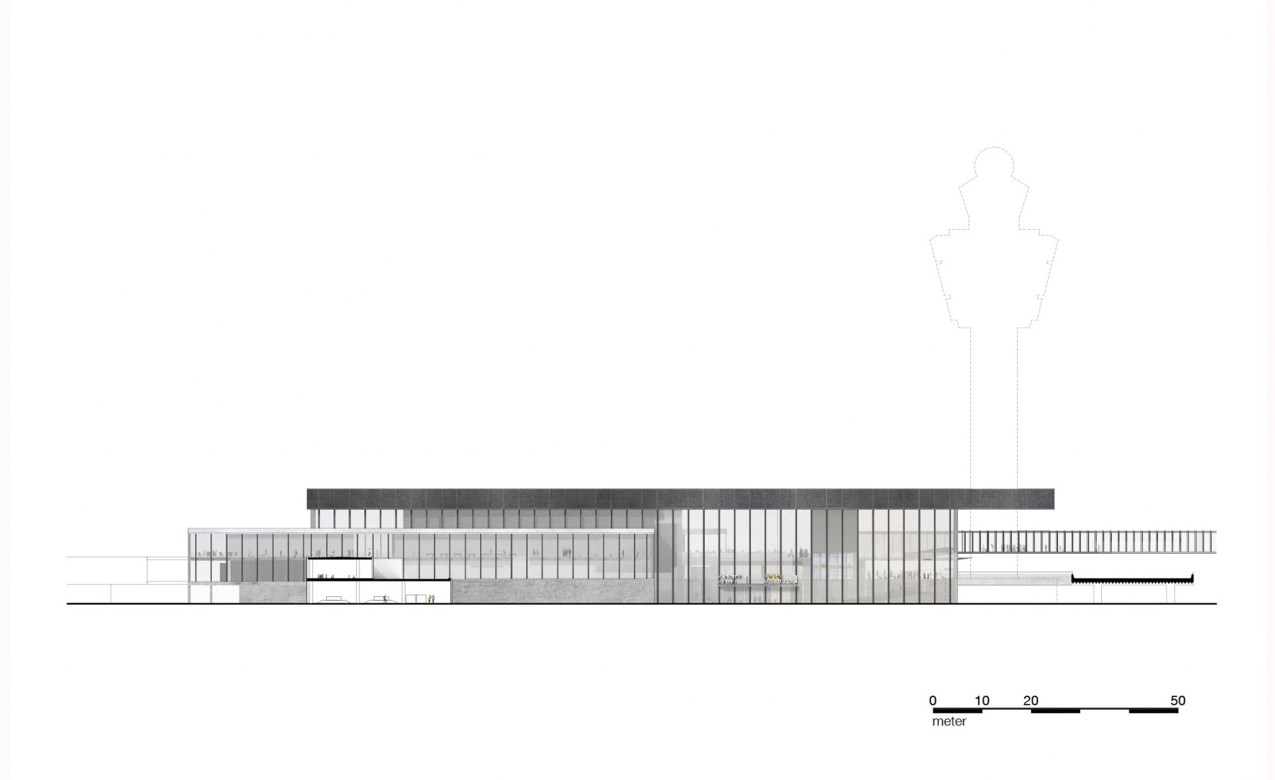 Aeropuerto de Amsterdam. Alzado de la terminal de Schiphol Noroeste El dibujo del alzado del noroeste del nuevo aeropuerto de Amsterdam Terminal de Schiphol que representa la entrada a la zona de las salidas en el primer piso (el nivel del paso elevado de la carretera existente).