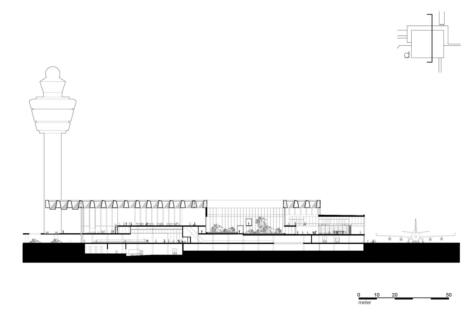 El dibujo muestra la sección transversal a través del nuevo aeropuerto de Amsterdam Schiphol Terminal situado a través de uno de los patios de los edificios. Muestra la relación de la meseta, el patio y el área de lado de aire.
