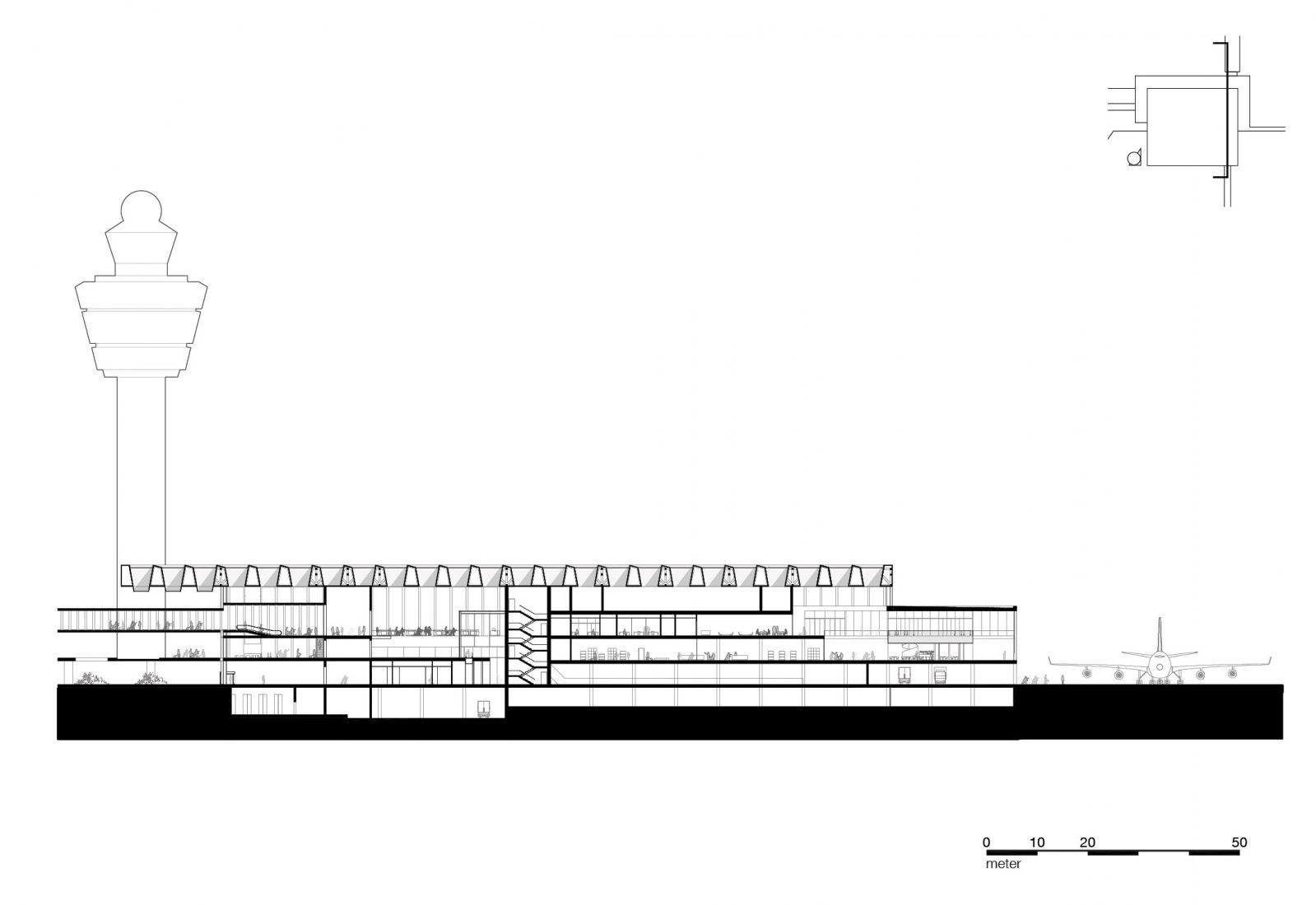 El dibujo muestra la sección transversal a través del nuevo aeropuerto de Amsterdam Schiphol Terminal situado a través del puente de conexión y uno de los núcleos. Representa varios puntos de conexión de la nueva terminal con edificios existentes y futuros.