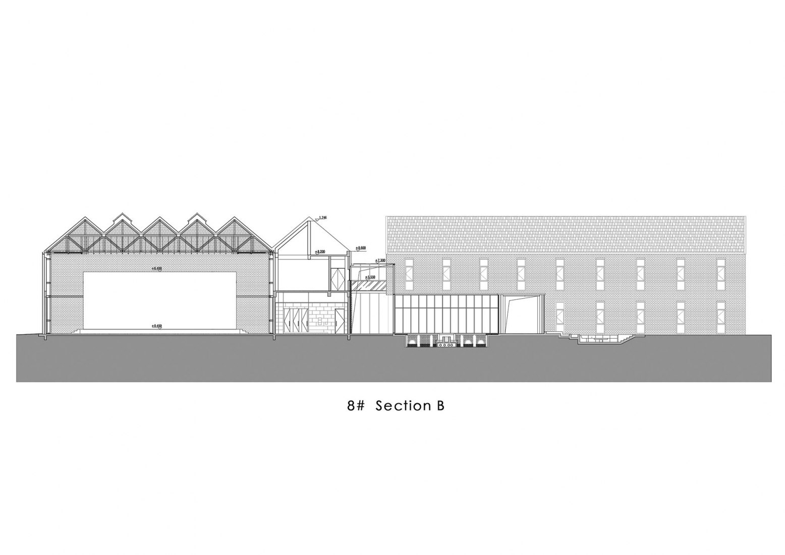 Sección edificio 1. Antigua factoria como nuevo centro cultural por And Studio.