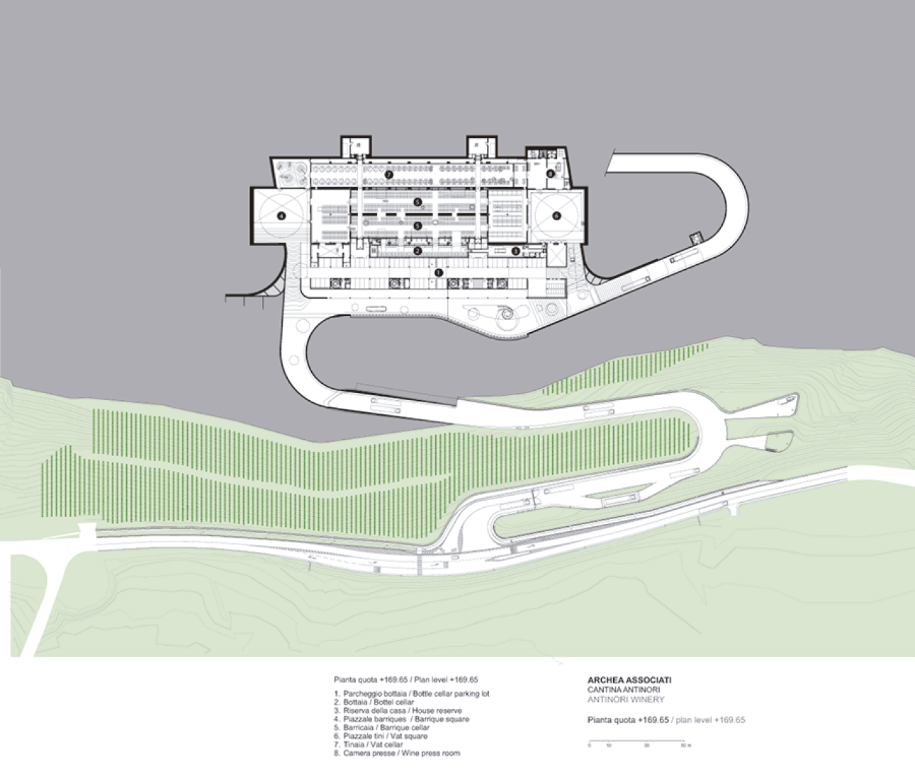 Planta subterránea. Bodega Antinori por Archea Associati. Cortesía de EU Mies Awards.