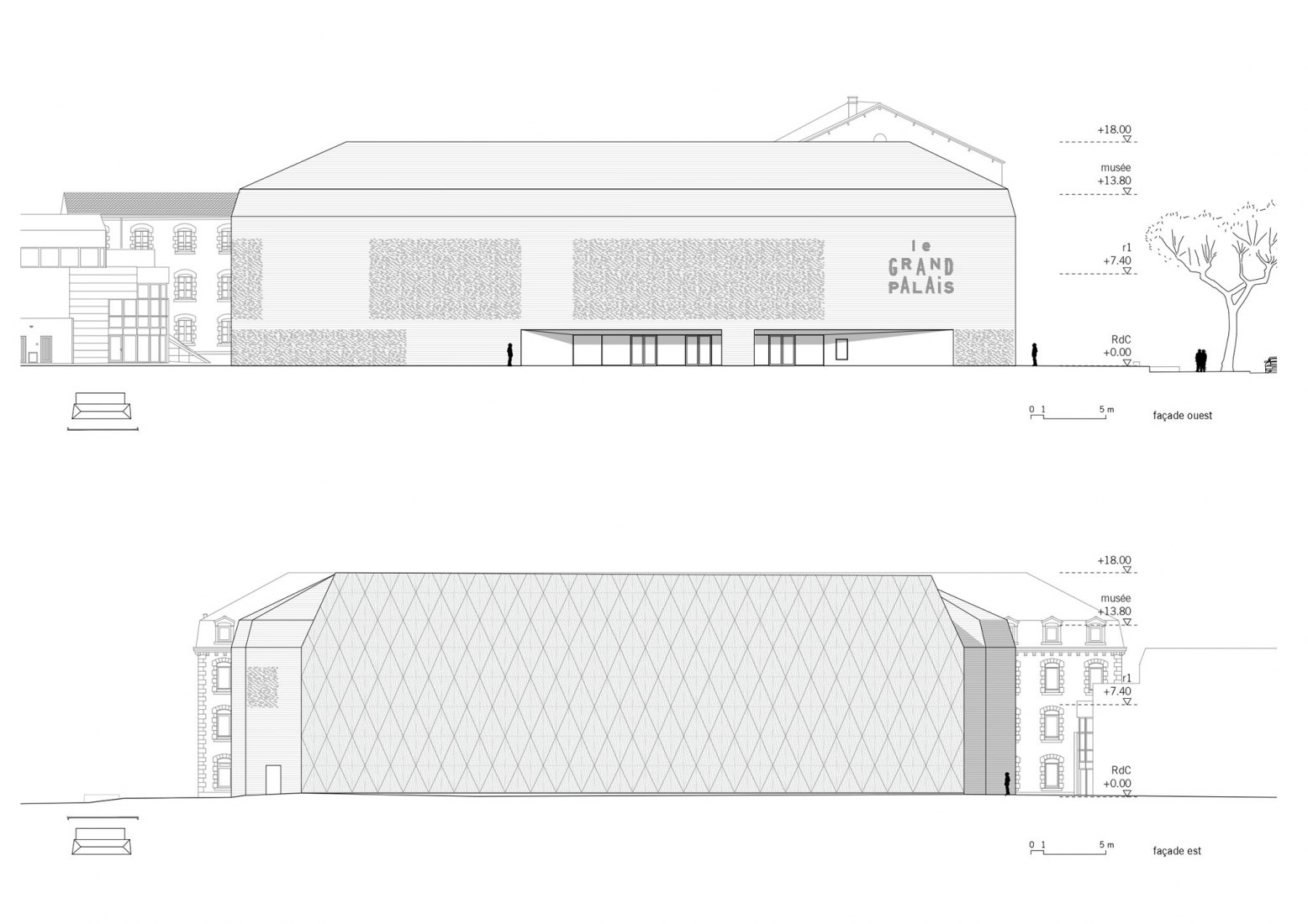 Elevations west and east. The cinema "Grand Palais" in Cahors by Antonio Virga