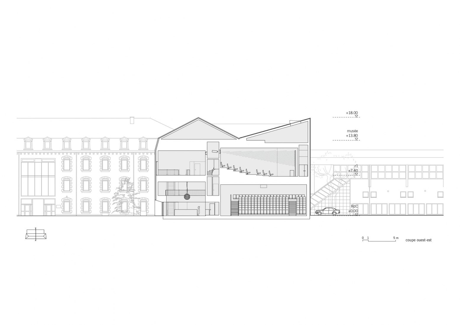 Section west-east. The cinema "Grand Palais" in Cahors by Antonio Virga 