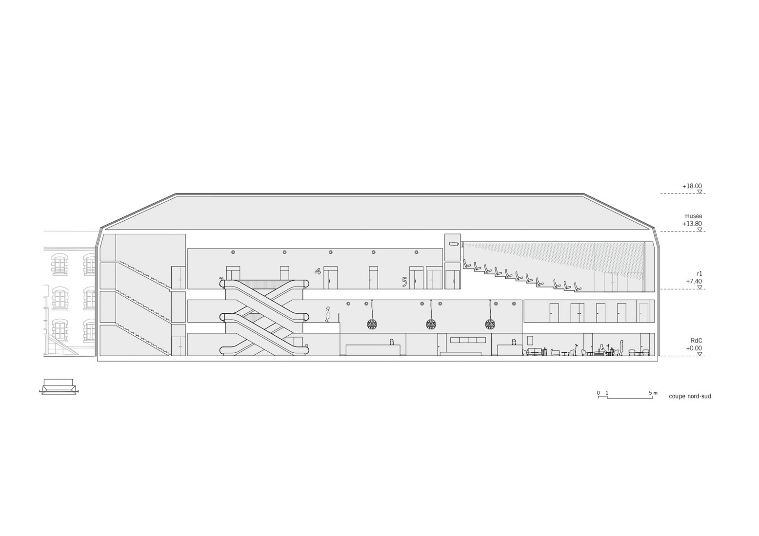 Section north-south. The cinema "Grand Palais" in Cahors by Antonio Virga