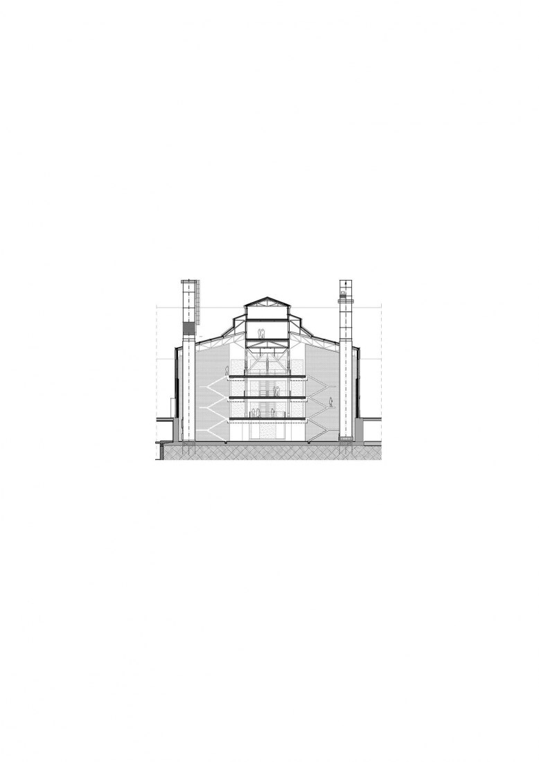 Cross section by shopping center. Elektrownia Powiśle by APA Wojciechowski Architekci.