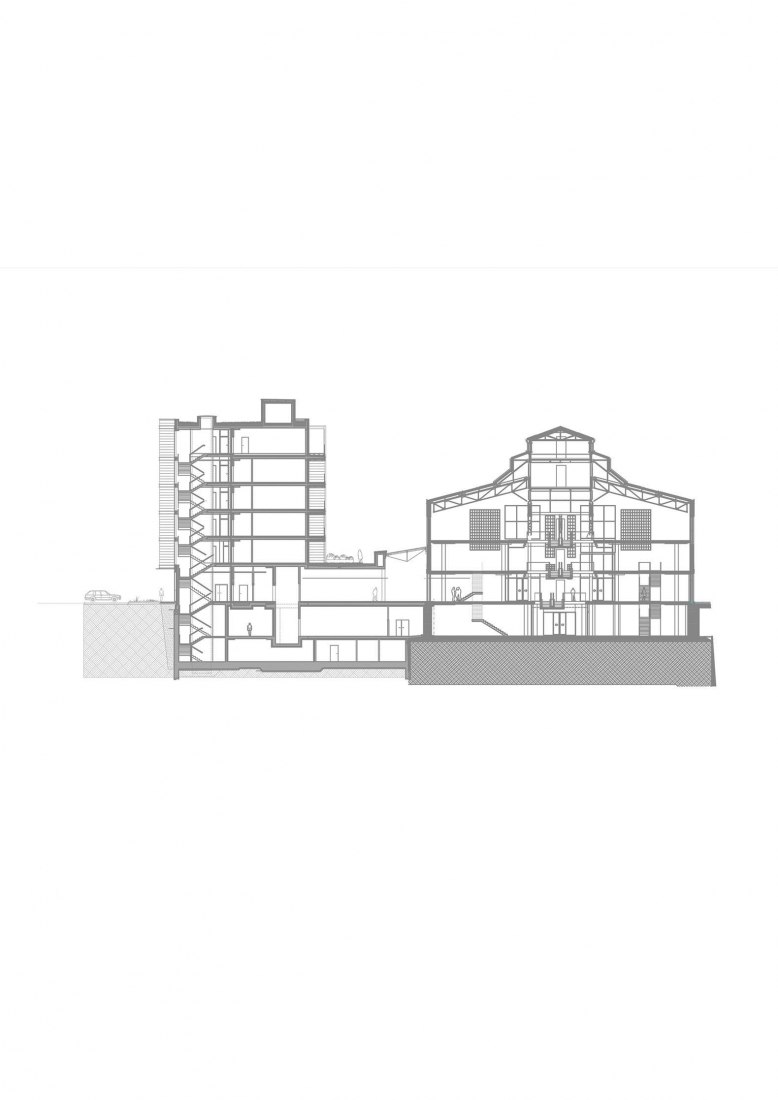 Cross section by shopping center and residential building. Elektrownia Powiśle by APA Wojciechowski Architekci.
