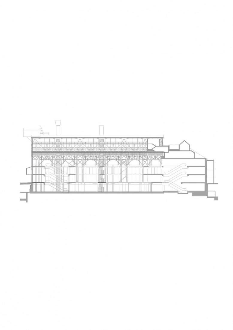 Longitudinal section by shopping center. Elektrownia Powiśle by APA Wojciechowski Architekci.
