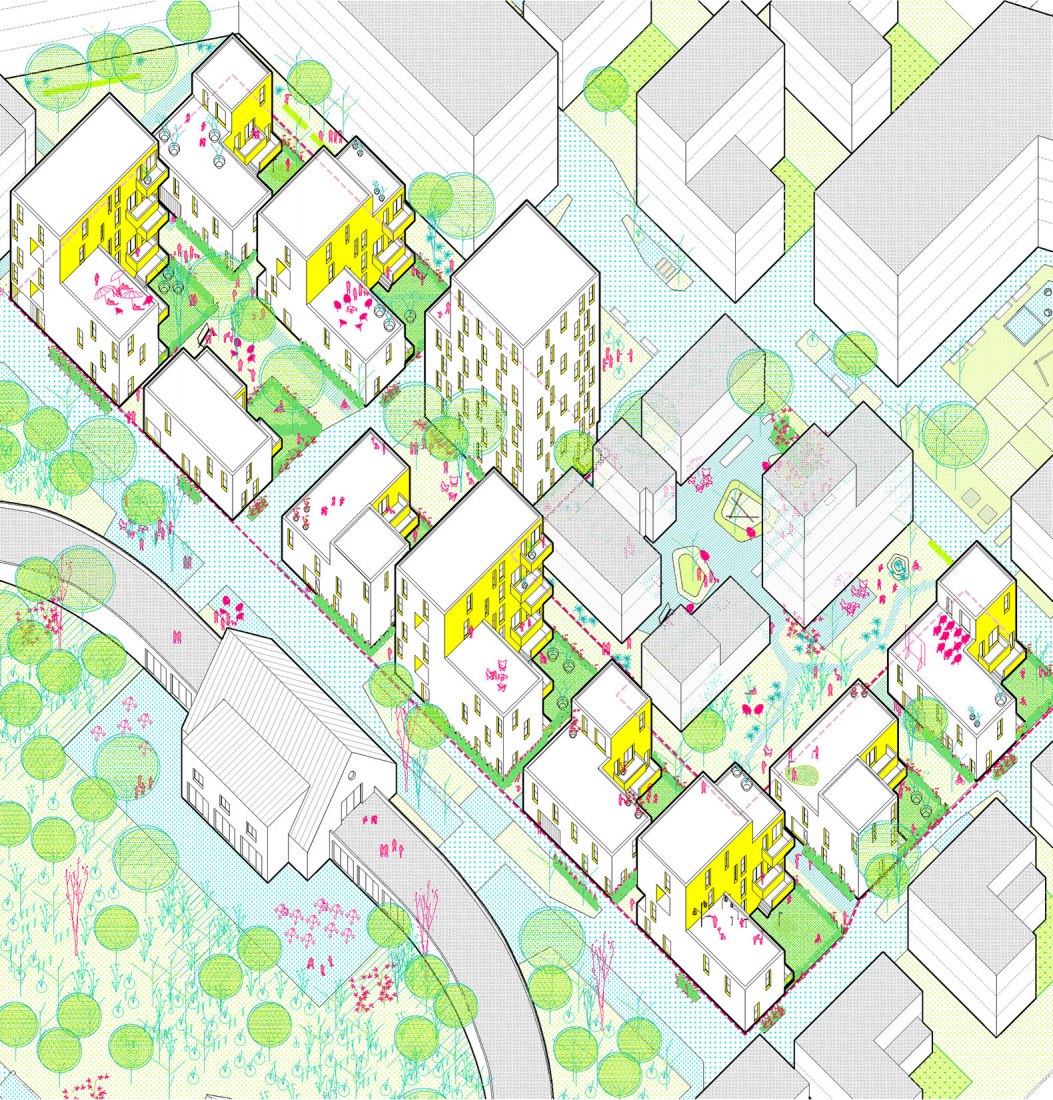 Site illustration of The Sunflower Houses by Arenas Basabe Palacios Architects.