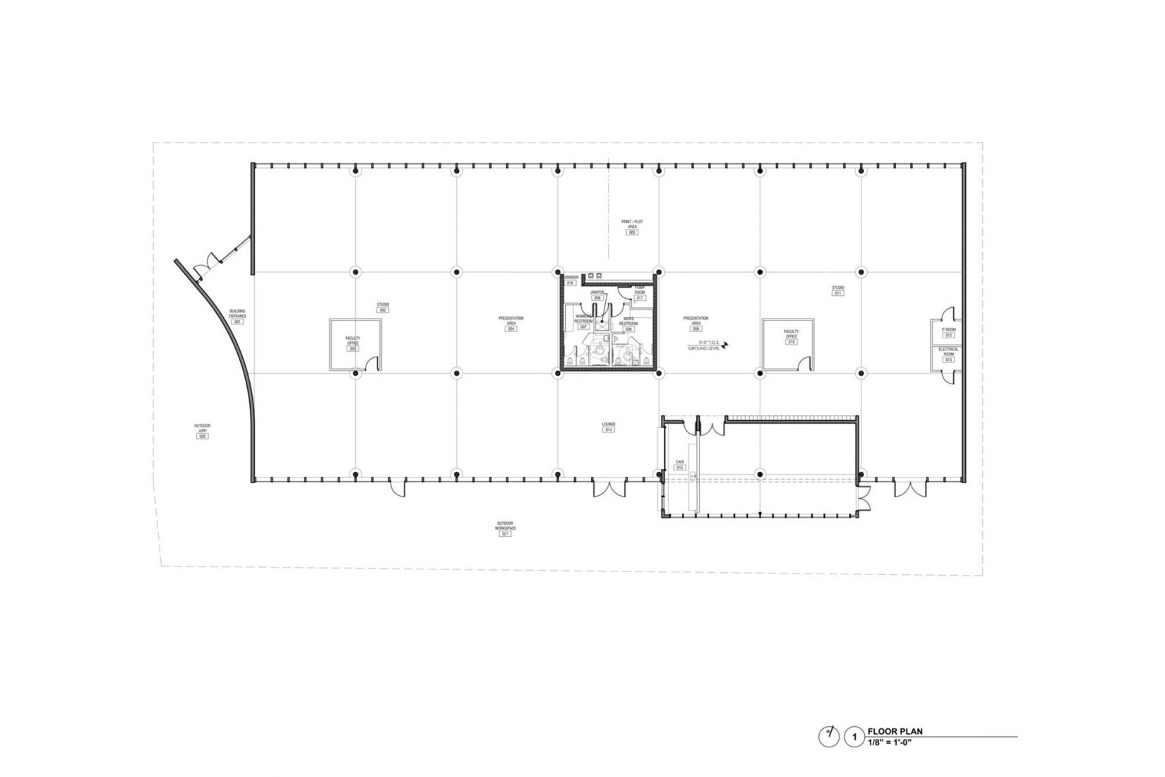Planta baja. Thomas P. Murphy Studio Building for the University of Miami School of Architecture by Arquitectonica.