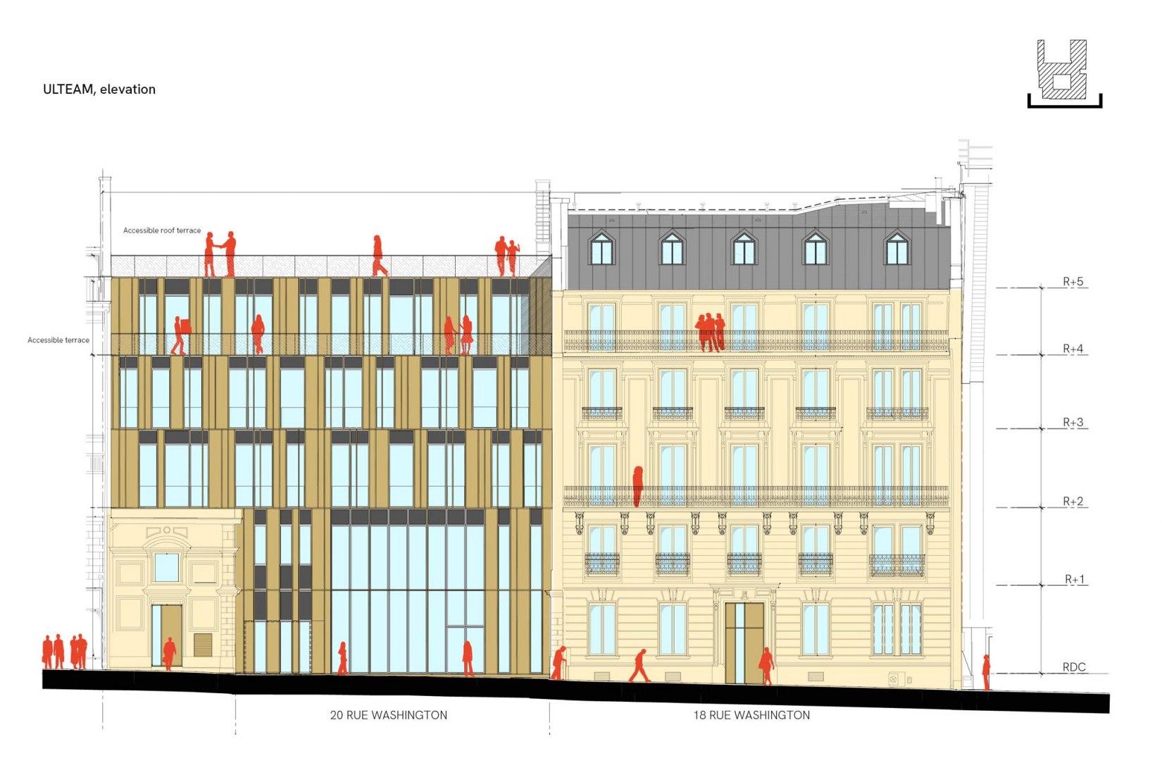 Alzado rue Washington. Complejo de dificios ULTEAM por Arte Charpentier. 