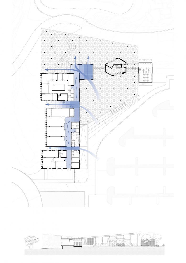 Plano de planta y sección. Midbarium, el parque de animales Jack, Joseph y Morton Mandell por Asaf Lerman.