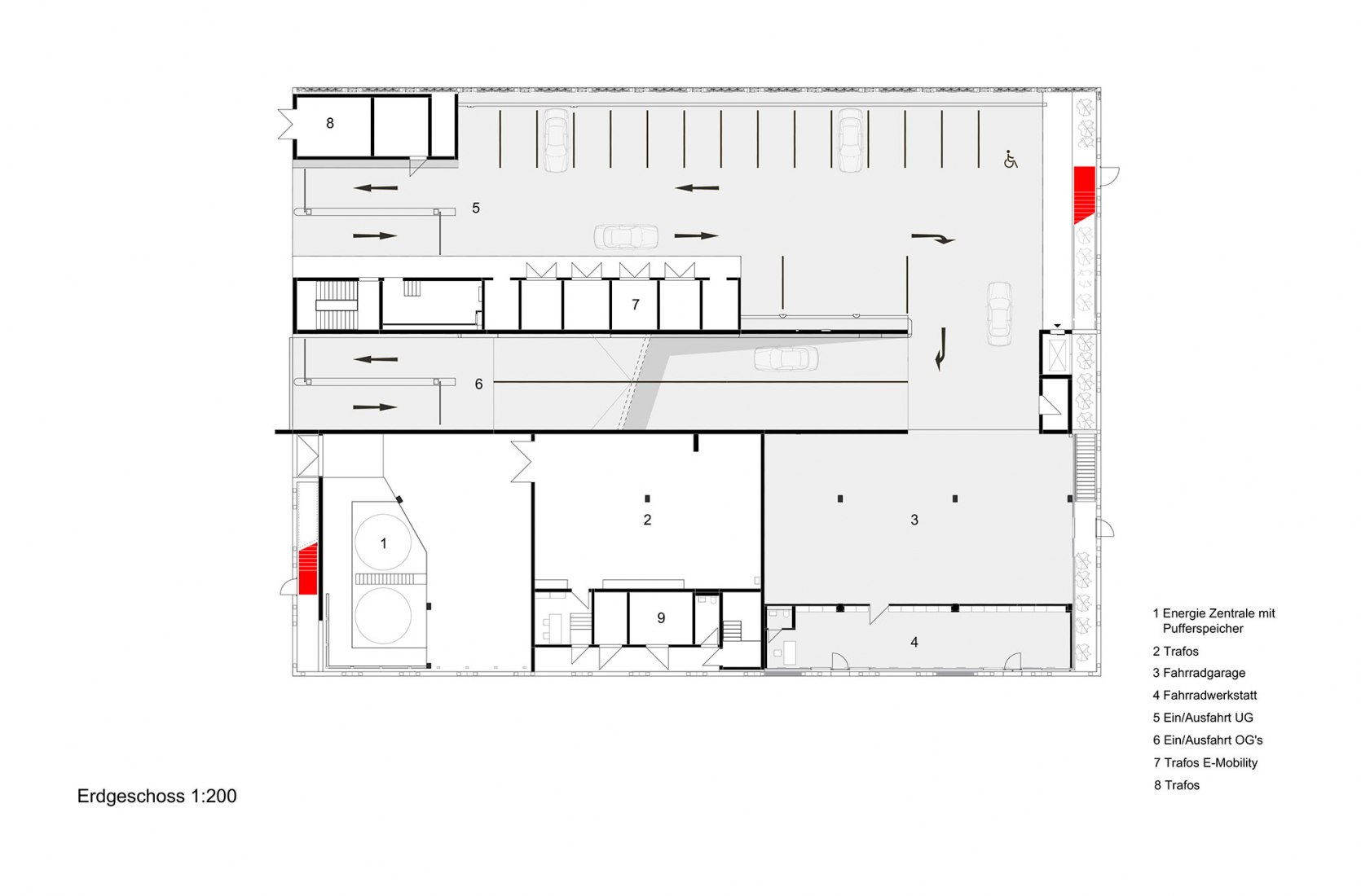 Plano planta baja. Aparcamiento energético por asp Architekten.