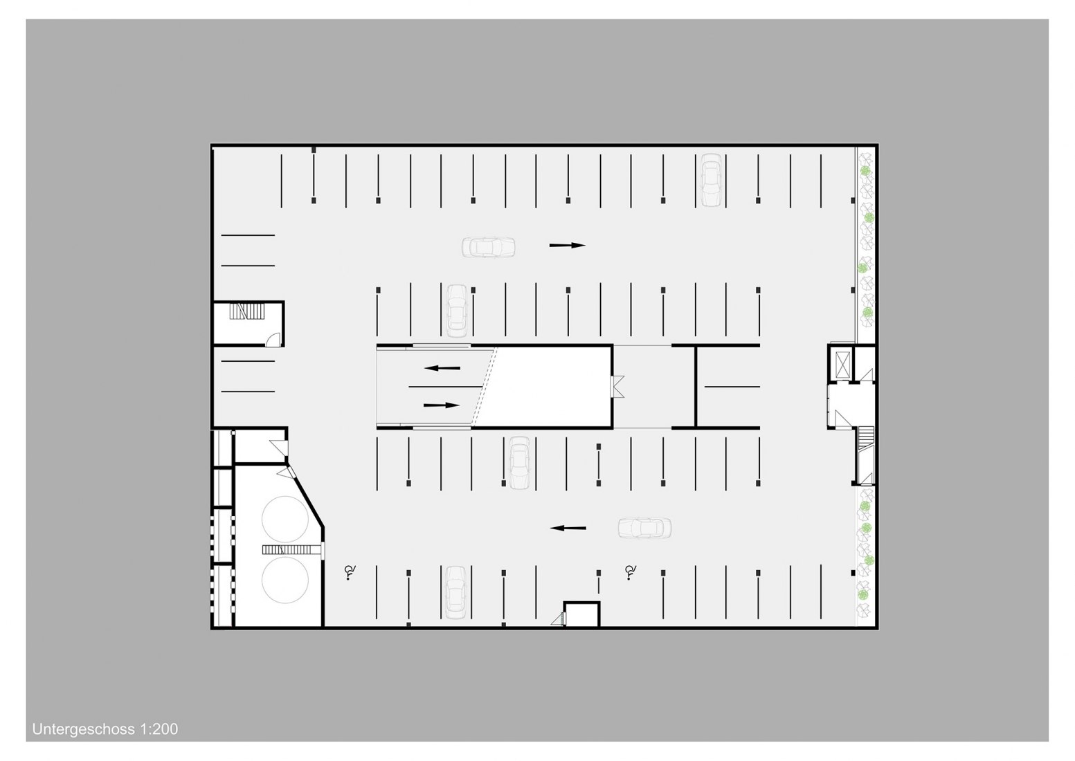 Plano sótano. Aparcamiento energético por asp Architekten.