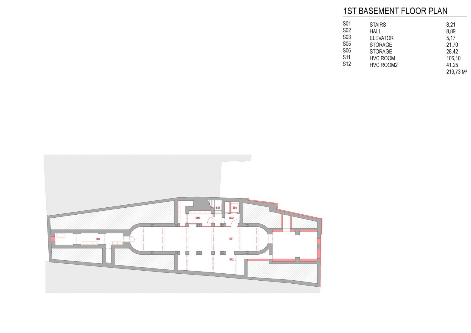 Plano de planta sótano. Nueva sede de la Radio Checa de Olomouc por Atelier 38.