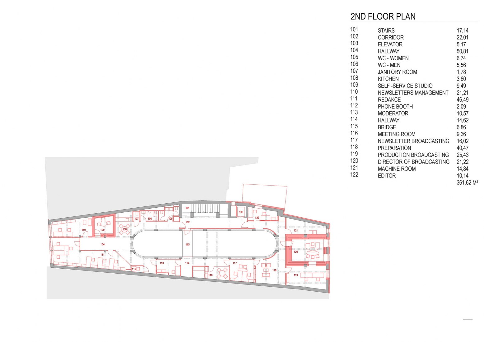 Plano de planta segunda. Nueva sede de la Radio Checa de Olomouc por Atelier 38.