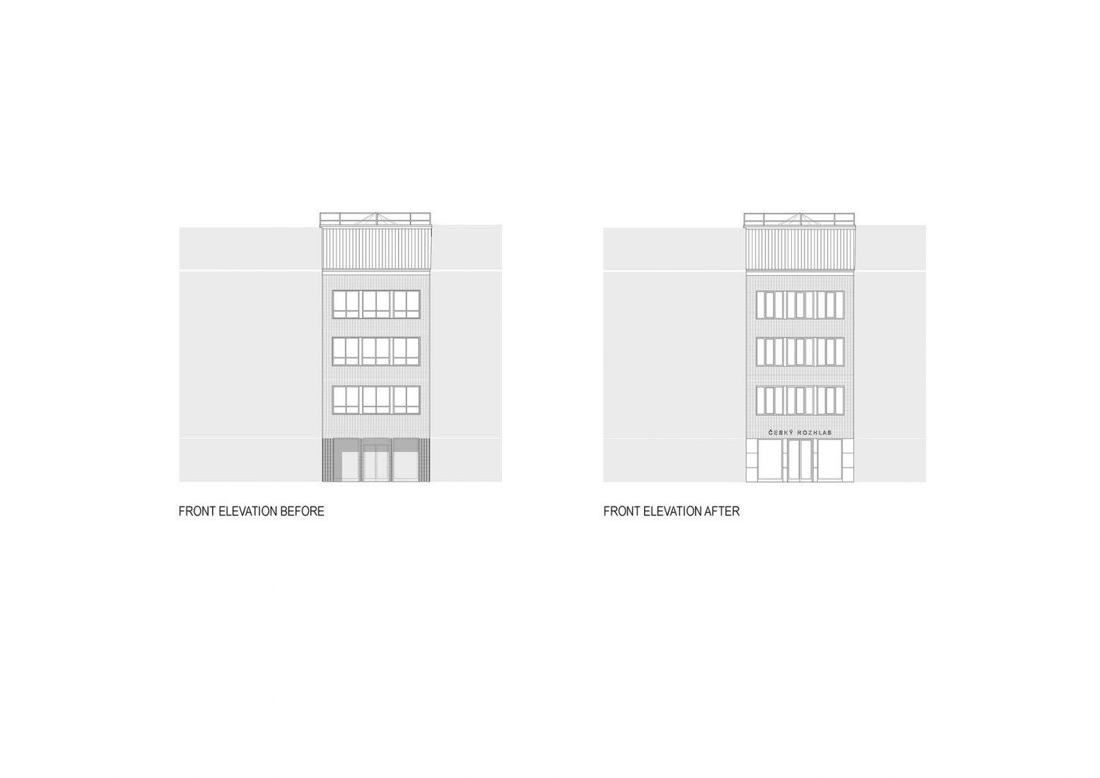 Alzados antes y después. Nueva sede de la Radio Checa de Olomouc por Atelier 38.