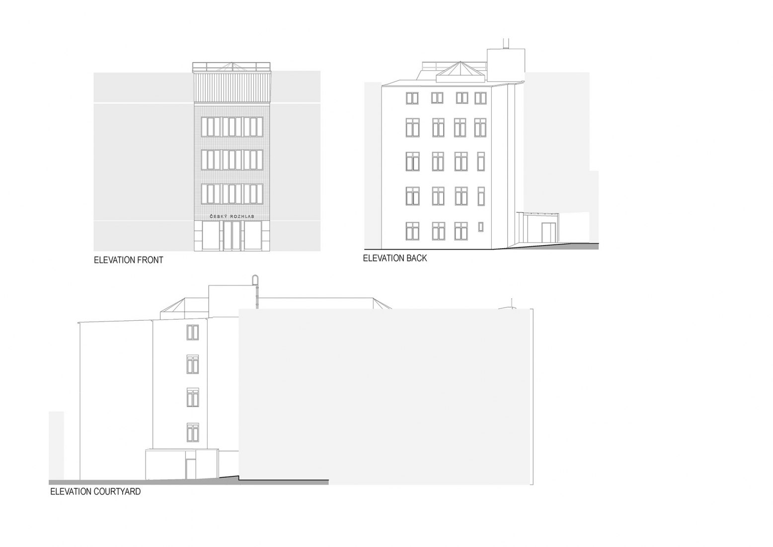 Alzados antes y después. Nueva sede de la Radio Checa de Olomouc por Atelier 38.