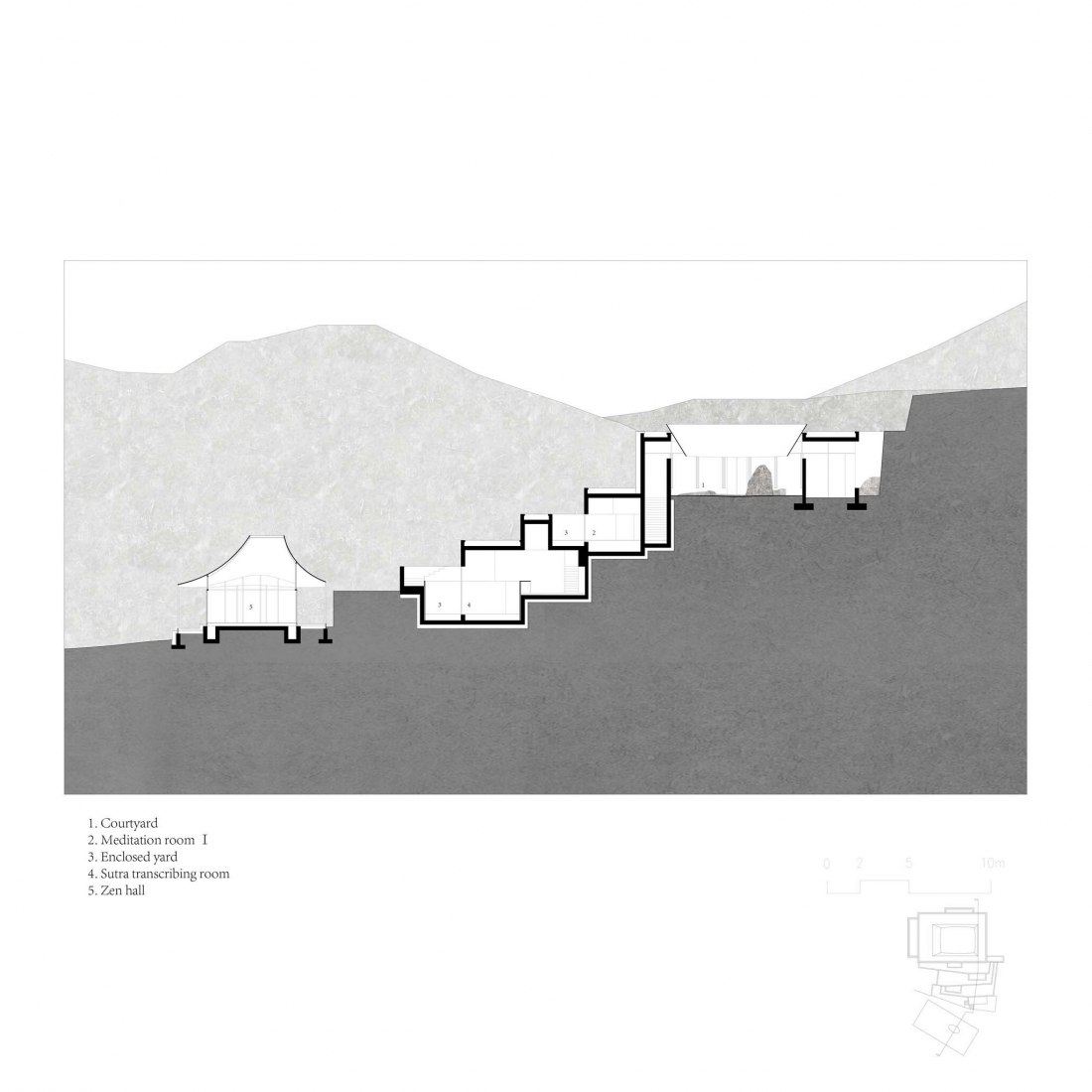 Section. Golden Ridge Upper-cloister in Aranya Golden Mountain by Atelier Deshaus.