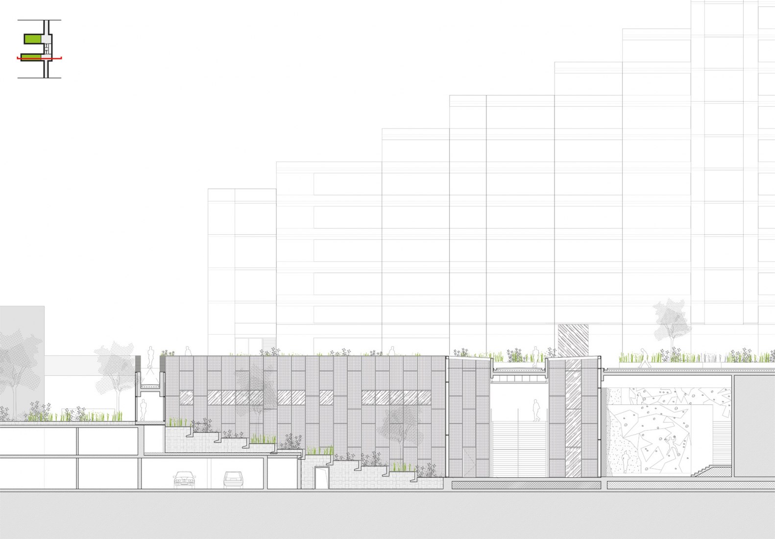 Sections. Restructuring of the Vieux Pont de Sèvres public passageways and climbing complex by Atelier du Pont.