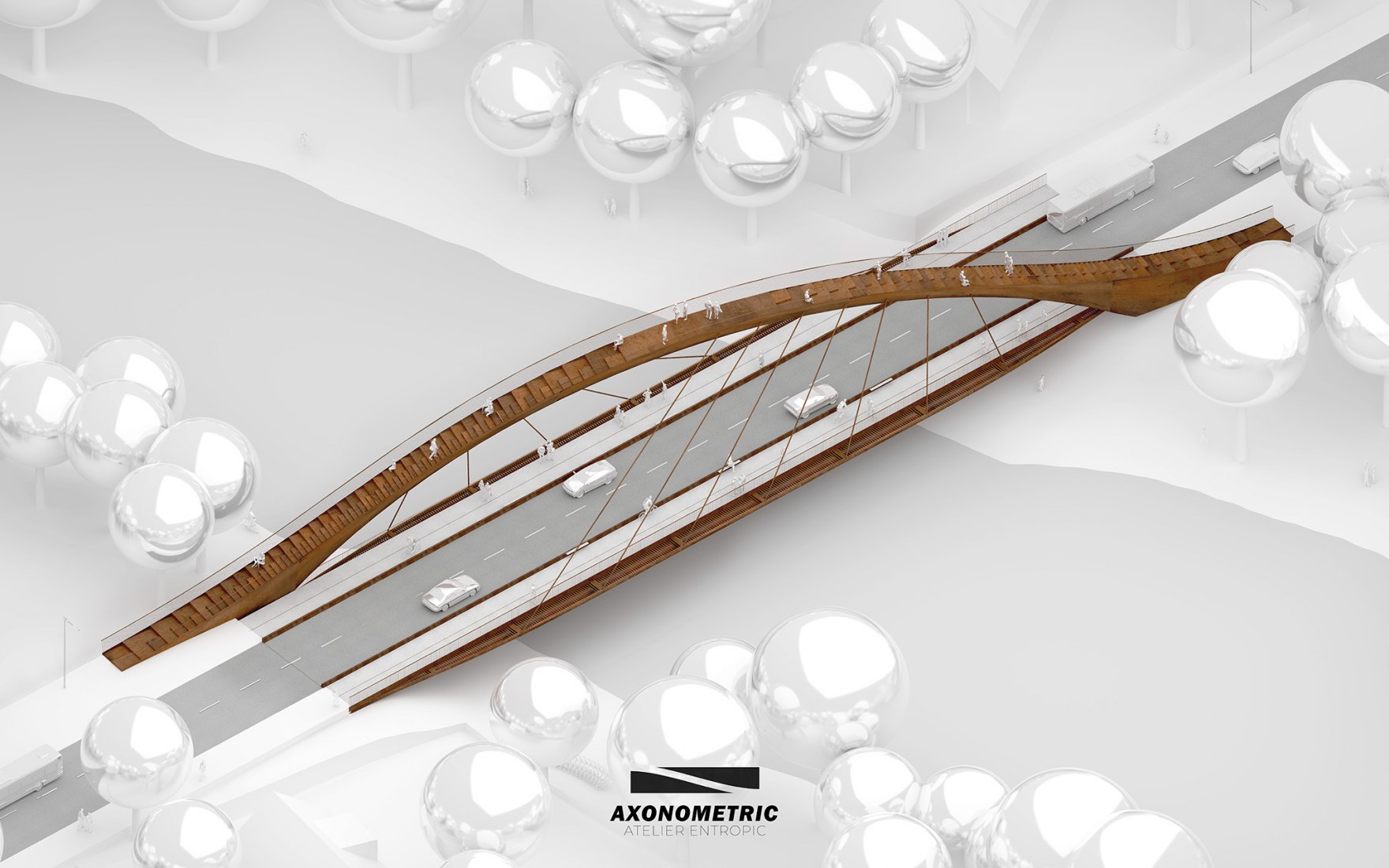 Axonometric. Himlavalvet, bridge over the Ängelholm river by Entropic.