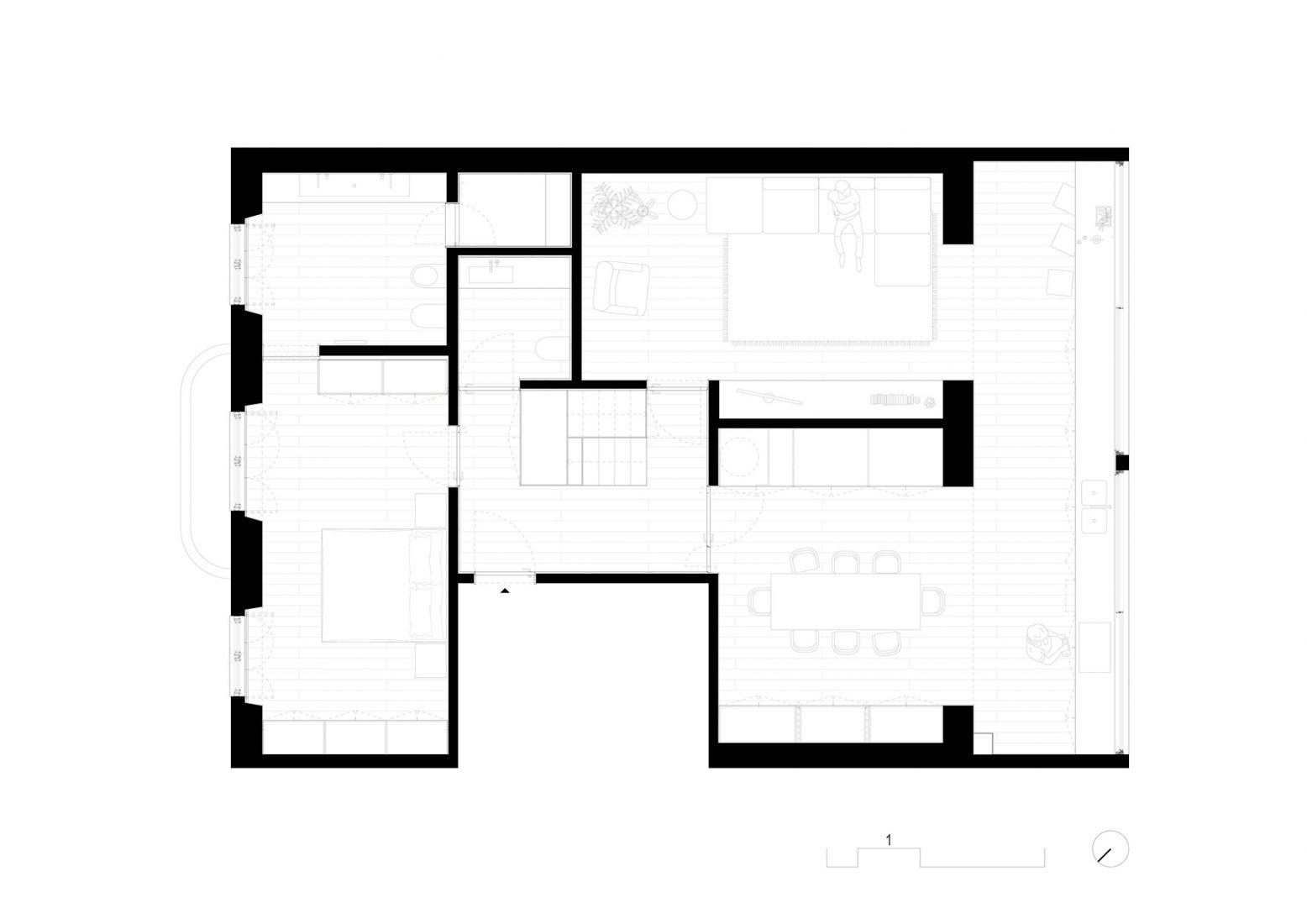 First floor plan. João Soares - penthouse renovation by Atelier José Andrade Rocha.