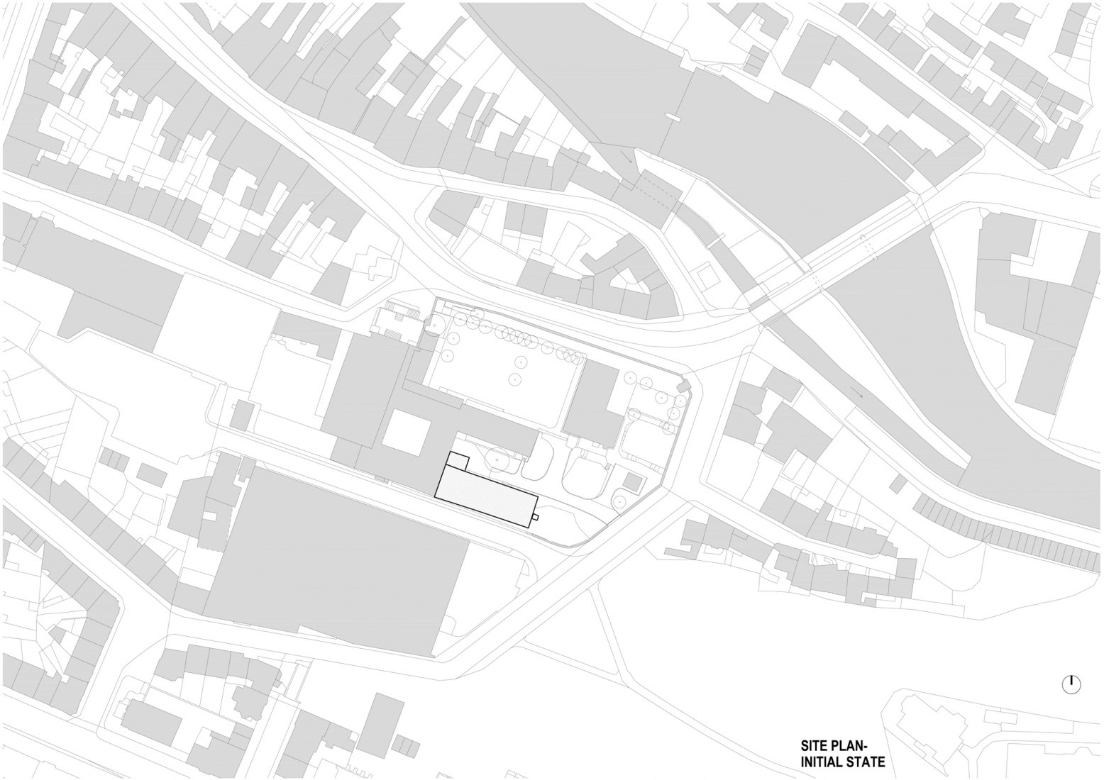 Initial state. Site plan. Extension of the Catholic Gymnasium in Třebíč by Atelier Tišnovka