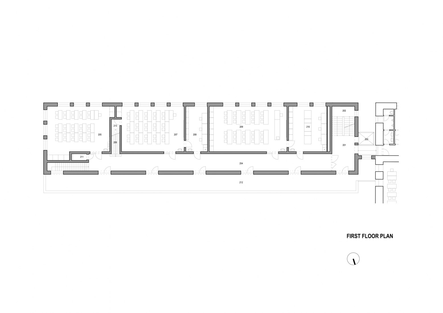 First floor plan. Extension of the Catholic Gymnasium in Třebíč by Atelier Tišnovka