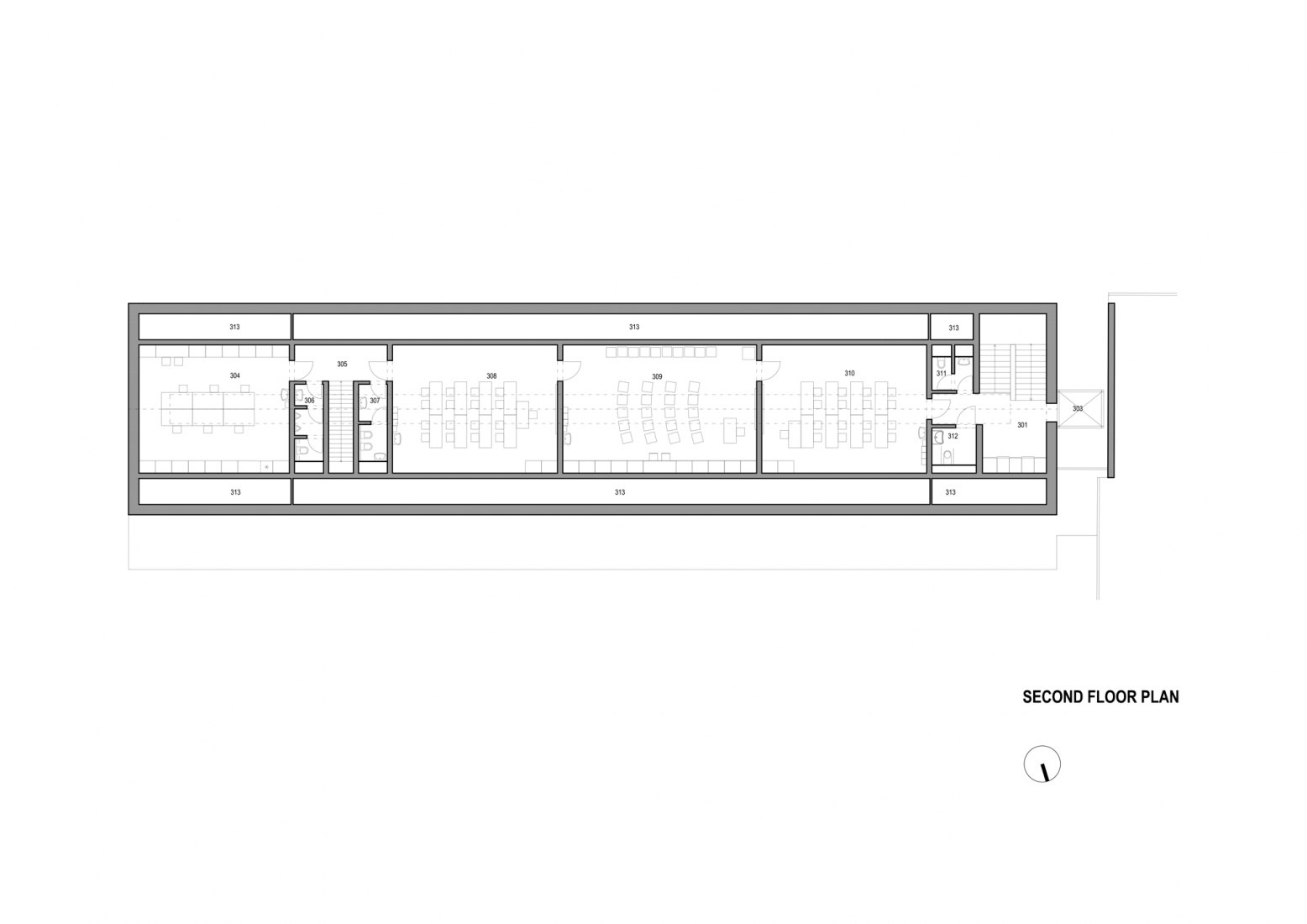 Second floor plan. Extension of the Catholic Gymnasium in Třebíč by Atelier Tišnovka