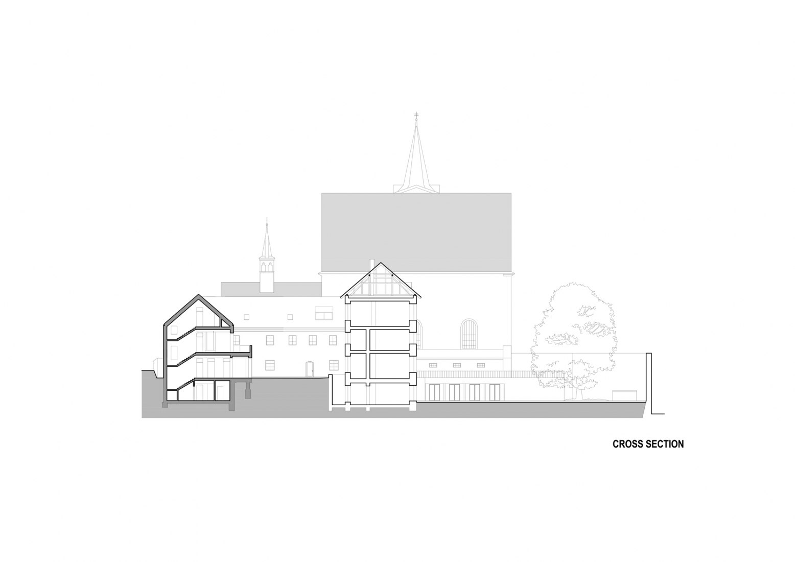 Cross section. Extension of the Catholic Gymnasium in Třebíč by Atelier Tišnovka