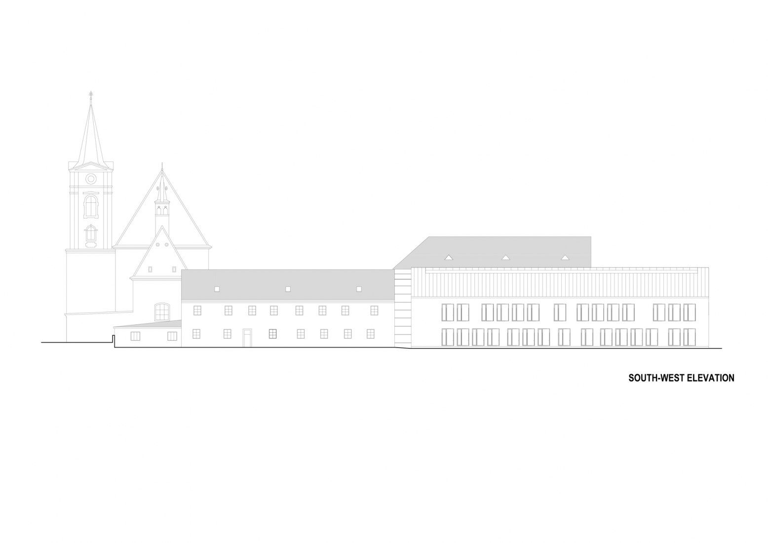 South-west elevation. Extension of the Catholic Gymnasium in Třebíč by Atelier Tišnovka