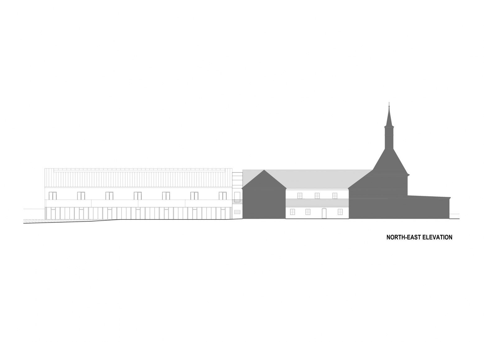 North-east elevation. Extension of the Catholic Gymnasium in Třebíč by Atelier Tišnovka