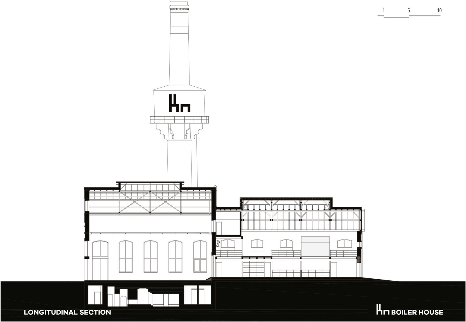 Sección longitudinal. Reconversión de la Boiler House por Atelier Hoffman