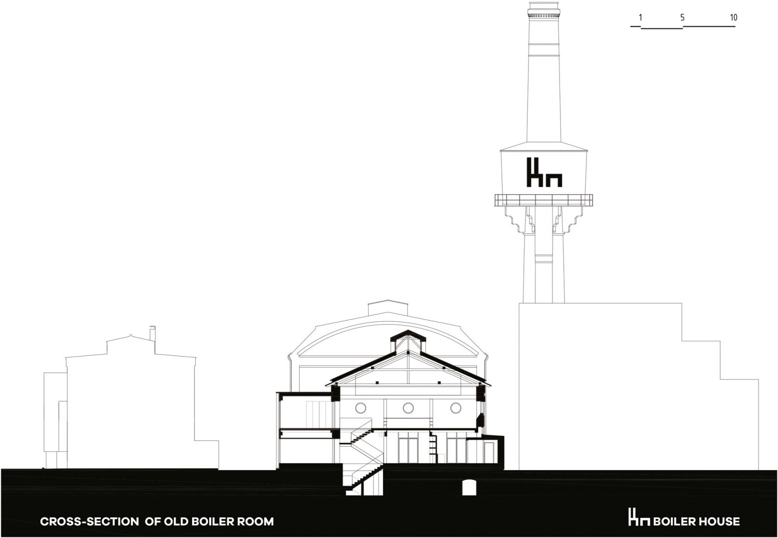 Sección transversal de la antigua sala de calderas. Reconversión de la Boiler House por Atelier Hoffman