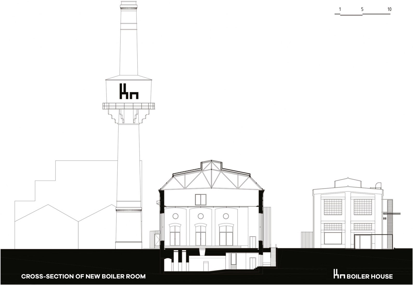 Sección transversal de la nueva sala de calderas. Reconversión de la Boiler House por Atelier Hoffman