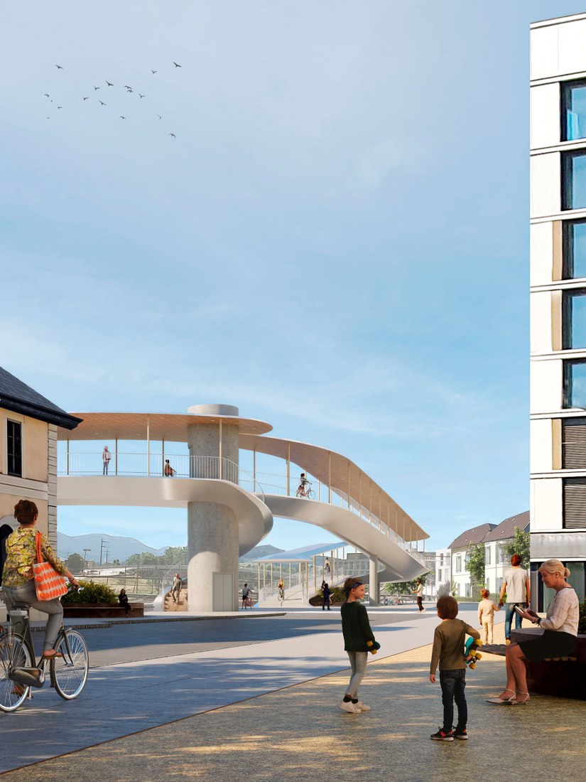 Rendering. Competition for a new footbridge in Delémont by atelier d21. Image by Camera Picta.